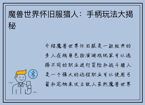 魔兽世界怀旧服猎人：手柄玩法大揭秘